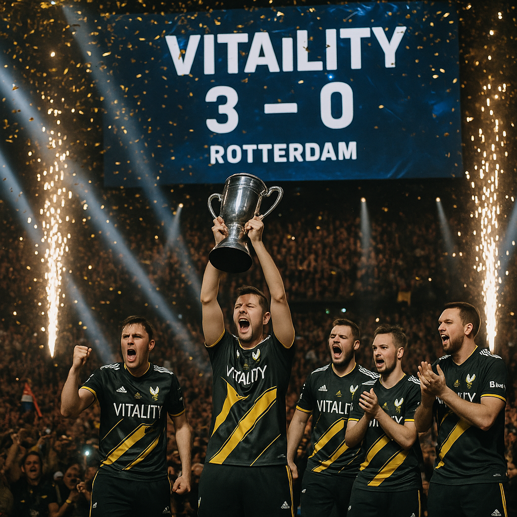 Team Vitality lifts the trophy on the Rotterdam Ahoy stage as the screen shows